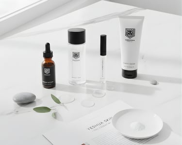 YESHUA Skin skincare collection including Vitamin C serum and cleanser on a white marble surface.