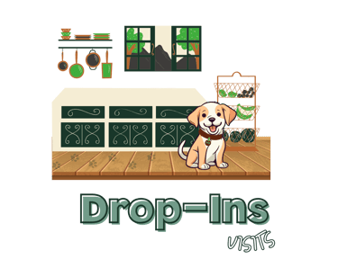Illustration for Julia's Pet Pals drop-in visits in Boston, featuring a happy dog in a cozy kitchen with the text 'Drop-Ins'
