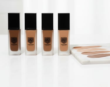 Four bottles of YESHUA Skin liquid foundation with matching makeup swatches on a marble slab.