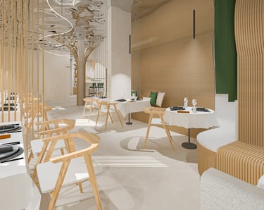 a restaurant with a wooden table and chairs