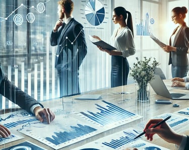 Analyse von Geschäftsdaten im Team – Fokus auf Diagramme, digitale Kennzahlen und strategische Unternehmensplanung