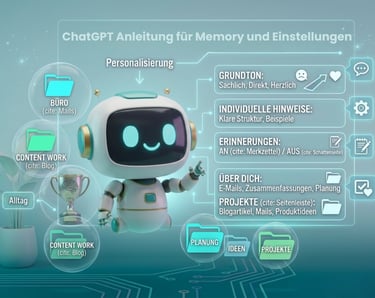 Machine2Mind-Roboter vor schwebenden Infografiken zu ChatGPT-Personalisierung, Grundton und Projekte