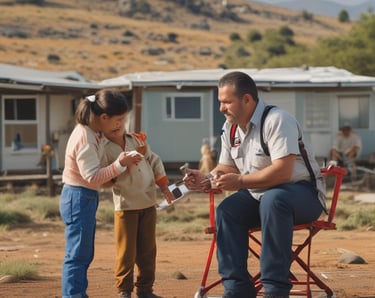A nurse warmly greeting patients at a rural clinic.
