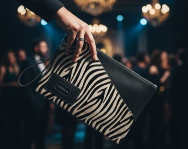 Elegant woman holding a luxury zebra print clutch bag at a formal evening event with blurred chandeliers.