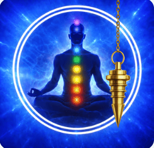 un homme, ses chakras, un pendule dasn deux cercles blancs