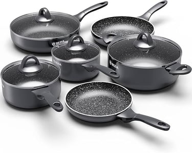 Bezia nonstick cookware set featuring granite-coated pans and pots with glass lids.