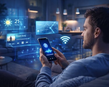 a man sitting on a couch holding a cell phone