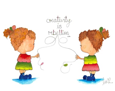 Watercolor illustration of two girls holding strings with the text creativity is rebellion.