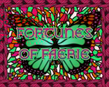 A thumbnail for the supplement Fortunes of Faerie, showing a stained glass effect with a a butterfly and knotted border.