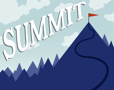 A thumbnail for the game Summit, showing blue mountains with a red flag atop the biggest.