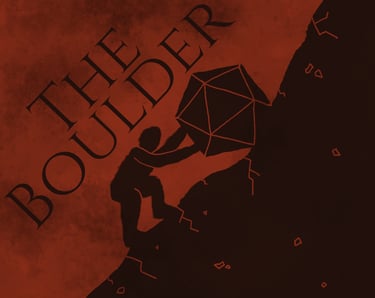A thumbnail for the game The Boulder. A figure pushes a d20 up a steep incline, the art style that of ancient Greek pottery.