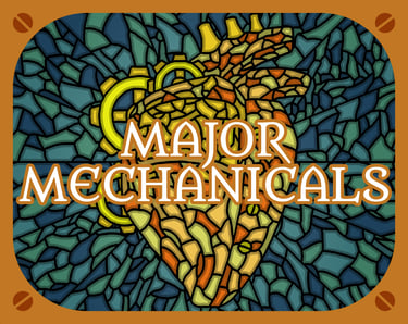 A thumbnail for the supplement Major Mechanicals, showing a stained glass effect with a mechanical heart and .a gold frame.