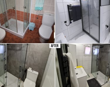 Bathroom before and after villa reform in La Marina, replacing dated orange tiling with modern wall