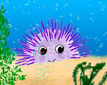 Ouriço-do-mar roxo em ambiente submarino colorido, feito em gouache.