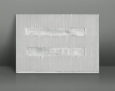 White textured canvas art with vertical ridges and two horizontal gray rectangles.