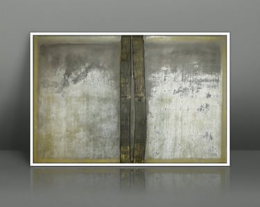Framed abstract art print featuring a textured grey and gold diptych design with rustic metallic elements.