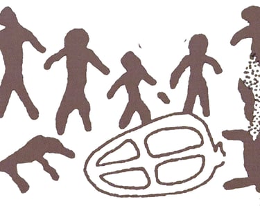 Ancient brown petroglyphs depicting human figures and a tribal wheel symbol on a white background.