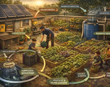 self sustaining home system infographic showing sustainable living methods including energy water and food independence