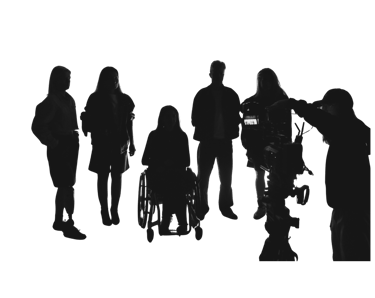 Silhouetted diverse film crew and actors, including a woman in a wheelchair, on a professional movie set.