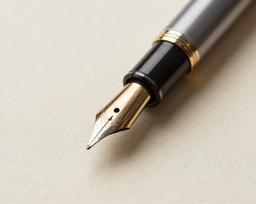 Macro close-up of a high-quality fountain pen resting on heavy, textured cream paper, soft side lighting, quiet luxury.