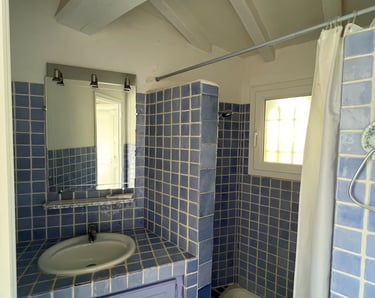  Petite salle de bain carrelée bleu avant travaux