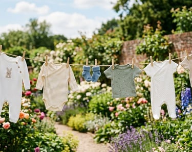 Schone babykleertjes, rompertjes en sokjes, hangen te drogen aan een waslijn in een zonnige tuin