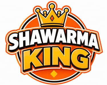 Shawarma King restaurant logo featuring a gold crown and bold orange and white typography.
