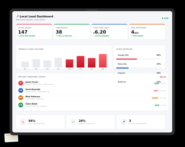 Local lead generation dashboard displaying marketing analytics, lead sources, and conversion rates.