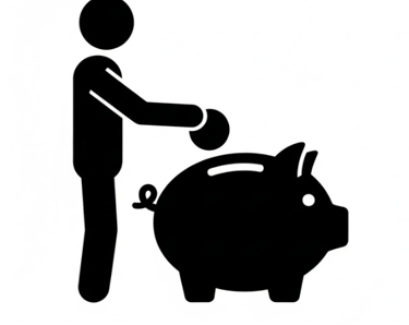 stick man putting coin into piggybank