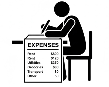 stick man sitting at a desk with expenses listed down the side of the desk