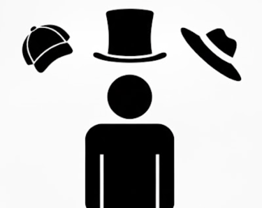 stick man with cap, top hat and wide brimmed hat above his head