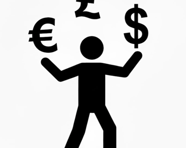 stick man juggling black Euro, Pound and Dollar symbols on white