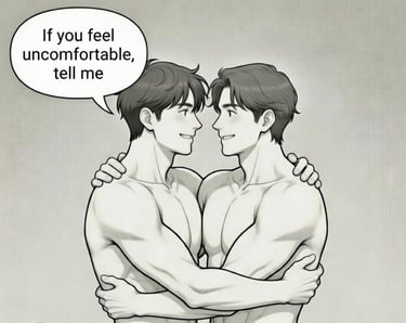 two cartoon males hugging each other one sayin Ig you feel uncomfortable tell me