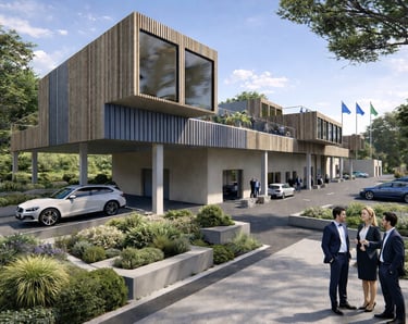 Modern sustainable commercial office building featuring timber cladding and green landscaping with business professionals.