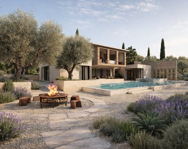 Luxury villa with swimming pool, fire pit, and Mediterranean garden with olive trees and lavender.