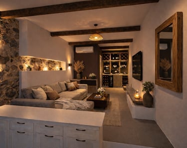 Modern rustic basement living room with a grey sectional sofa, stone walls, and a luxury wine bar.