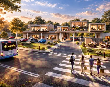 Modern sustainable mixed-use development with pedestrian crosswalks, public transit, and modular wood architecture.