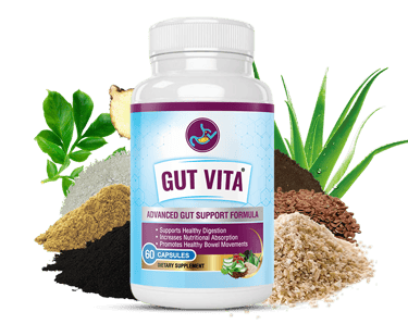 Gut Vita advanced gut support formula supplement bottle with natural digestive ingredients and fiber.