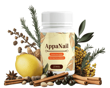 AppaNail dietary supplement bottle surrounded by natural ingredients like lemon, cinnamon, and herbs.