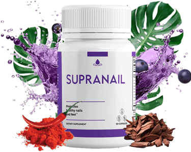 Supranail dietary supplement bottle for healthy nails and feet with herbal ingredients and splashes.
