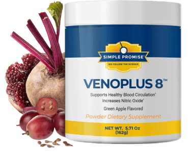 Simple Promise VenoPlus 8 nitric oxide powder supplement container with beets, grapes, and pomegranate.