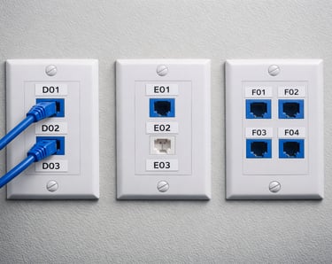 Wall‑mounted network data plates with labeled Ethernet ports and connected patch cables