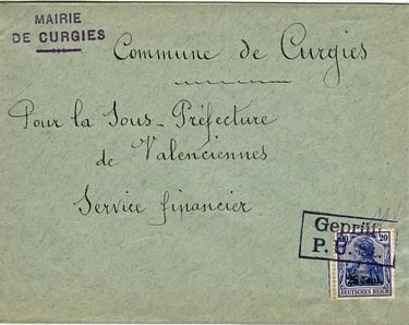 "Geprüft P.Ü.St" stamp used by Postüberwachungsstelle no. 39.