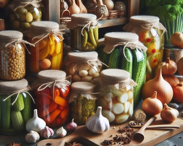 variety pf canned vegetables in glass jars