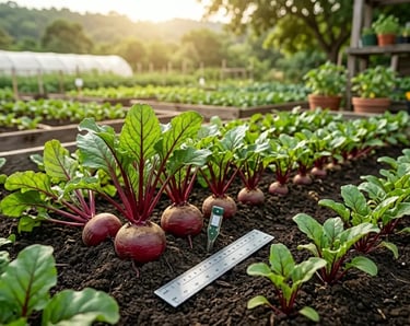 Plantio de beterrabas orgânicas crescendo em canteiros elevados com solo fértil .