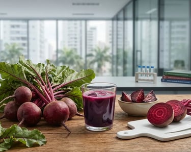 Beterraba orgânica fresca e um copo de suco de beterraba saudável sobre mesa de madeira 