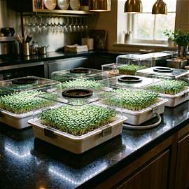 Fresh organic microgreens growing in indoor seedling starter trays on a dark kitchen countertop.