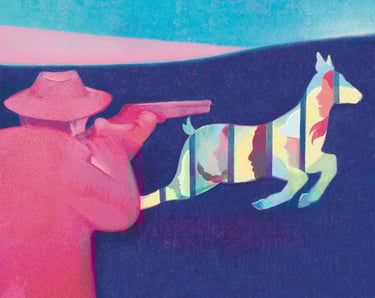 illustration représentant un chasseur pointant une biche composée de visages humains