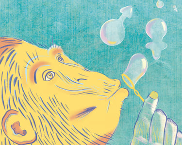 illustration d'un singe soufflant des bulles de savon en forme de symbôles mâle et femelle
