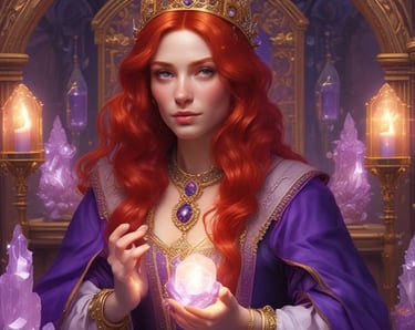 une femme en robe violette tenant une boule de cristal